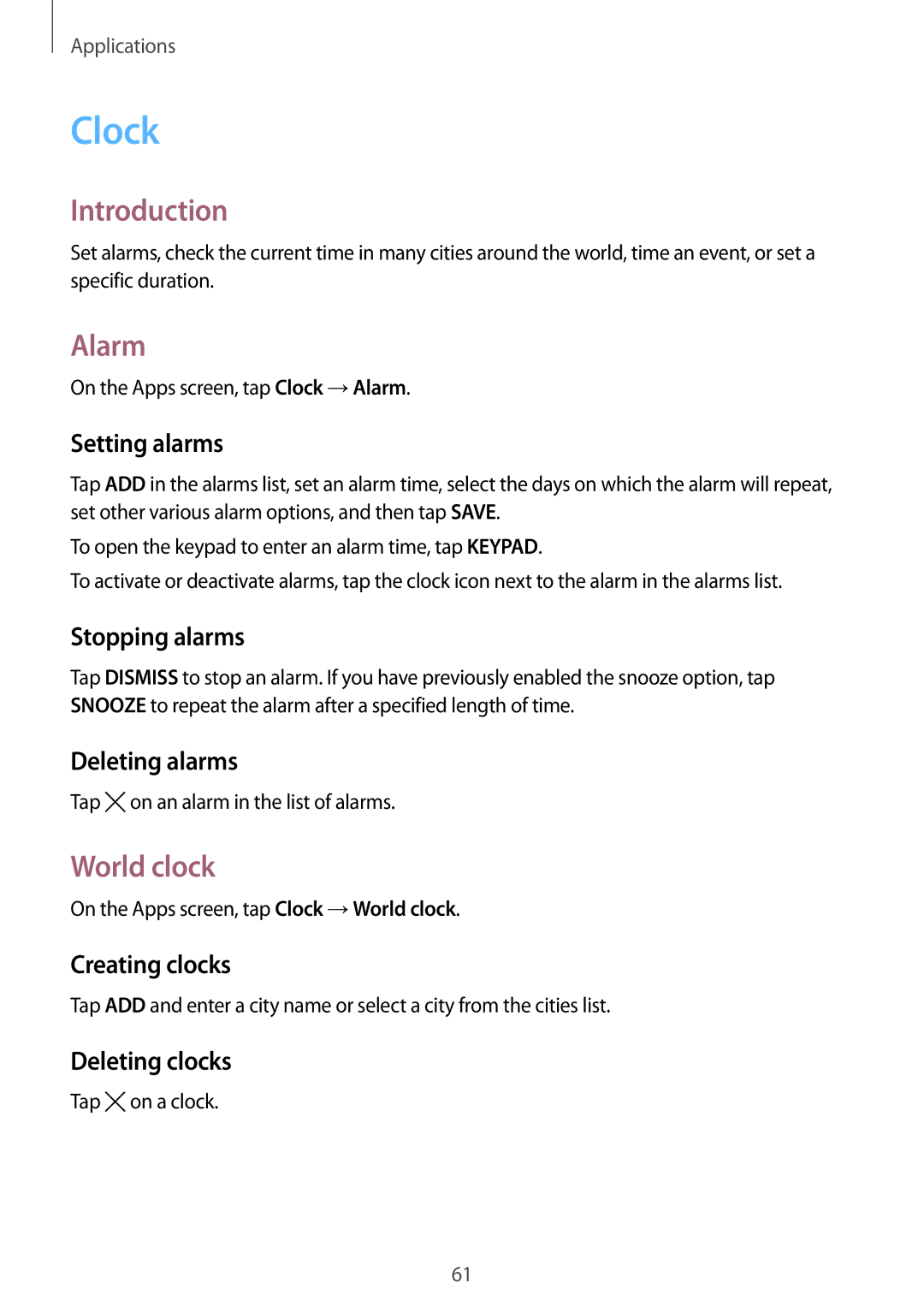 Samsung SM-J120FZWNEUR, SM-J120FZKNDBT, SM-J120FZDNDBT, SM-J120FZWNDBT, SM-J120FZDNXEF manual Clock, Alarm, World clock 