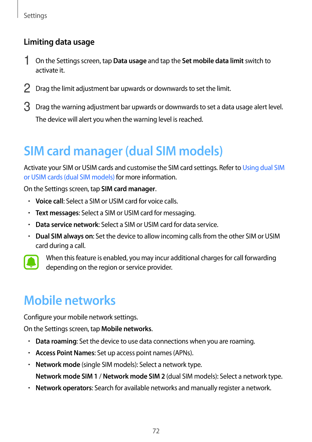 Samsung SM-J120FZDNORX, SM-J120FZKNDBT manual SIM card manager dual SIM models, Mobile networks, Limiting data usage 