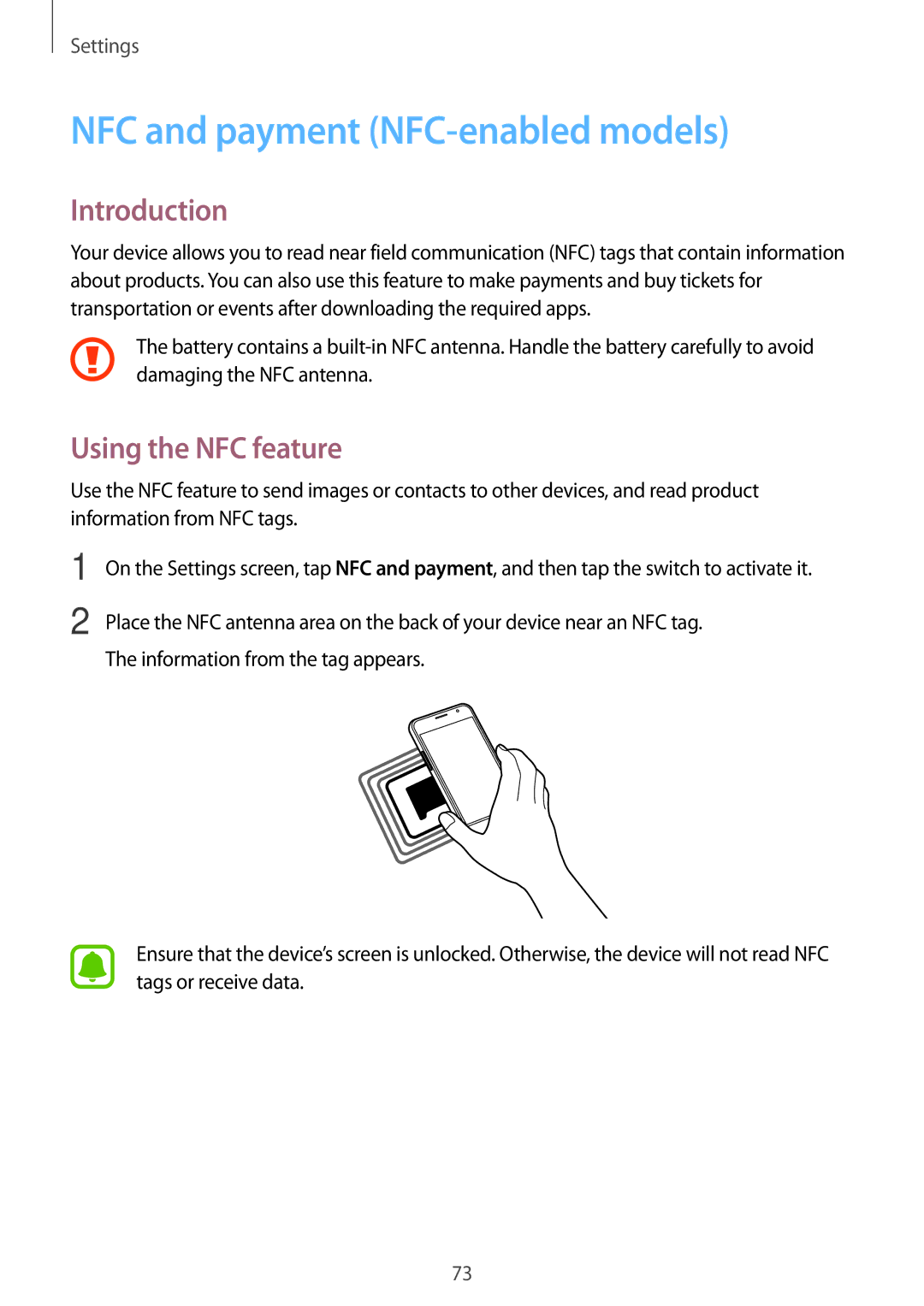 Samsung SM-J120FZDNVGR, SM-J120FZKNDBT, SM-J120FZDNDBT manual NFC and payment NFC-enabled models, Using the NFC feature 