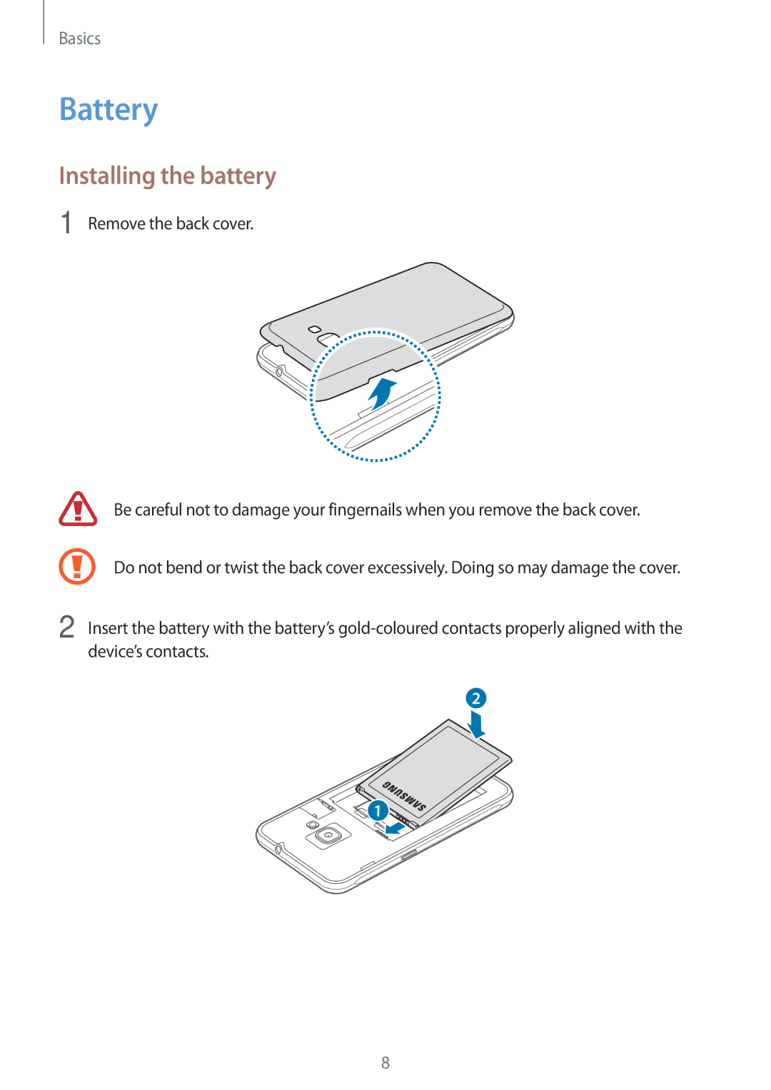 Samsung SM-J120FZWNITV, SM-J120FZKNDBT, SM-J120FZDNDBT, SM-J120FZWNDBT, SM-J120FZDNXEF manual Battery, Installing the battery 