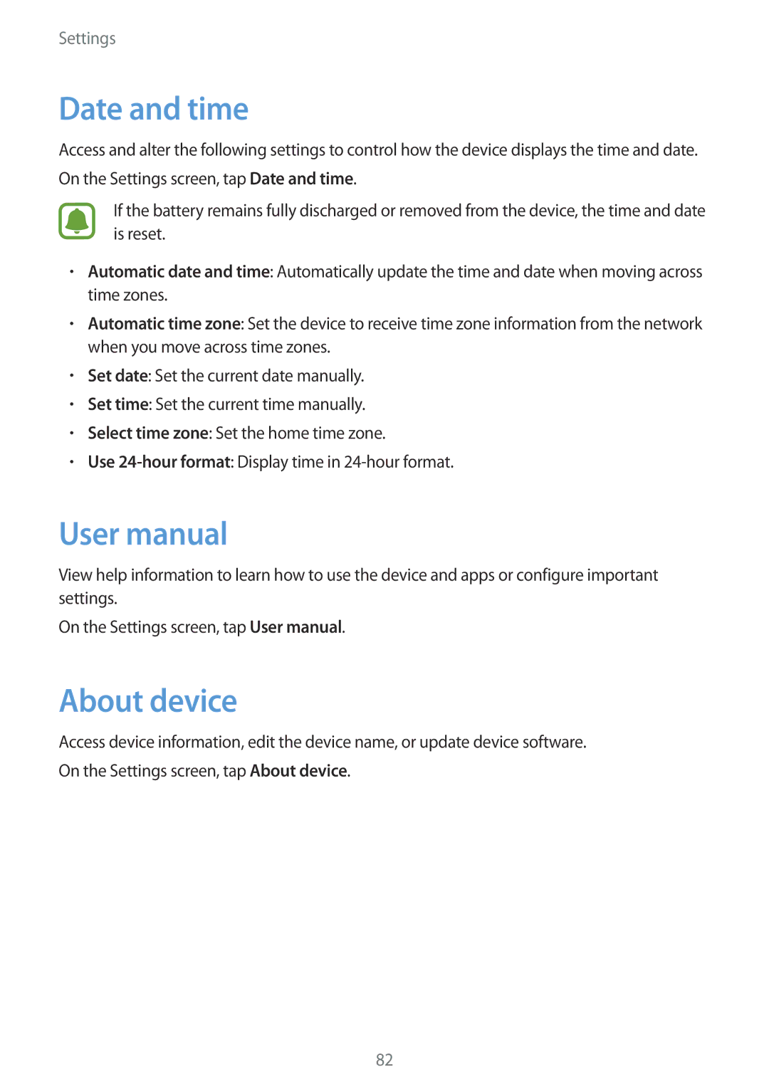 Samsung SM-J120FZKNXEH, SM-J120FZKNDBT, SM-J120FZDNDBT, SM-J120FZWNDBT, SM-J120FZDNXEF manual Date and time, About device 