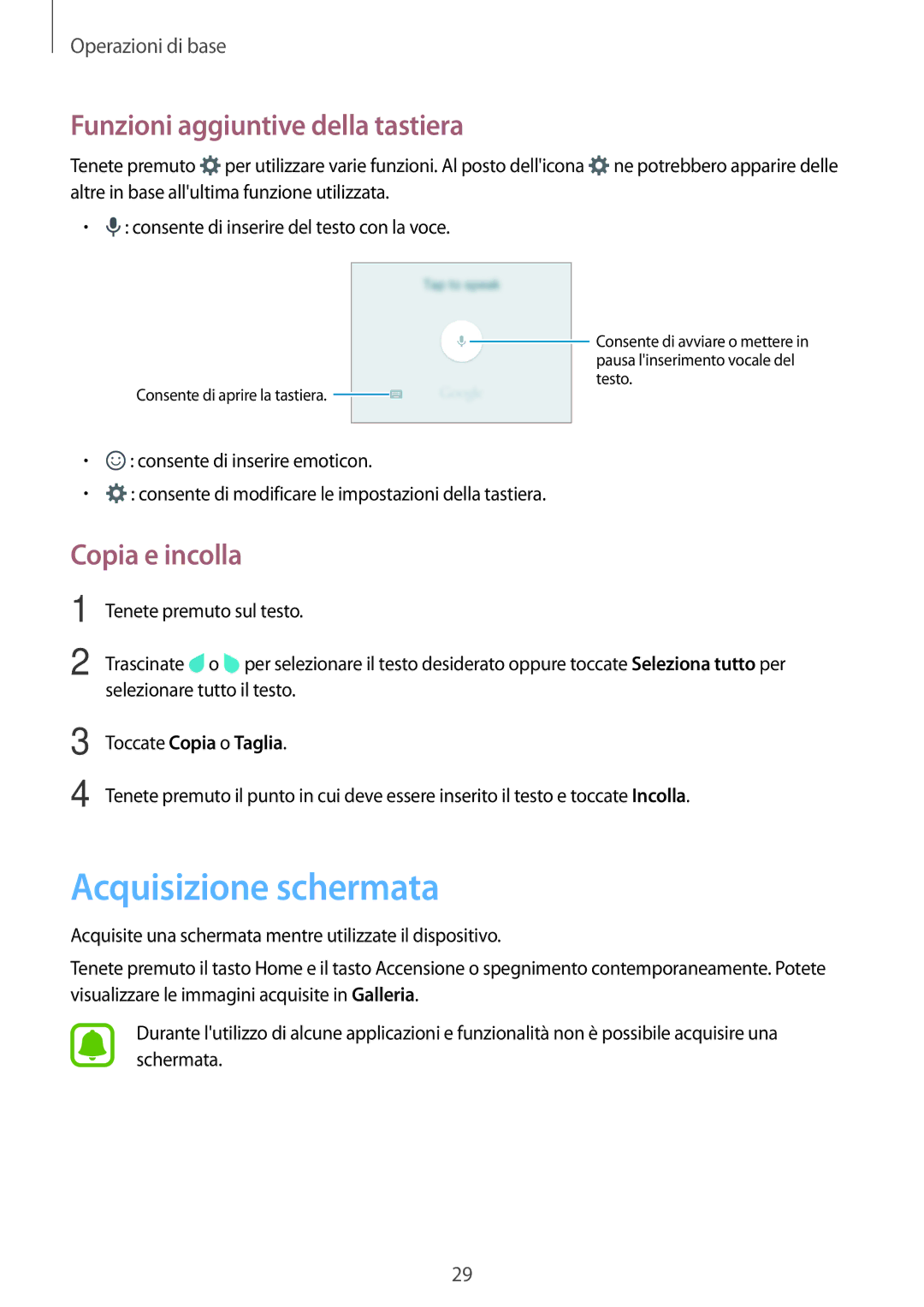 Samsung SM-J120FZWNITV, SM-J120FZKNITV manual Acquisizione schermata, Funzioni aggiuntive della tastiera, Copia e incolla 