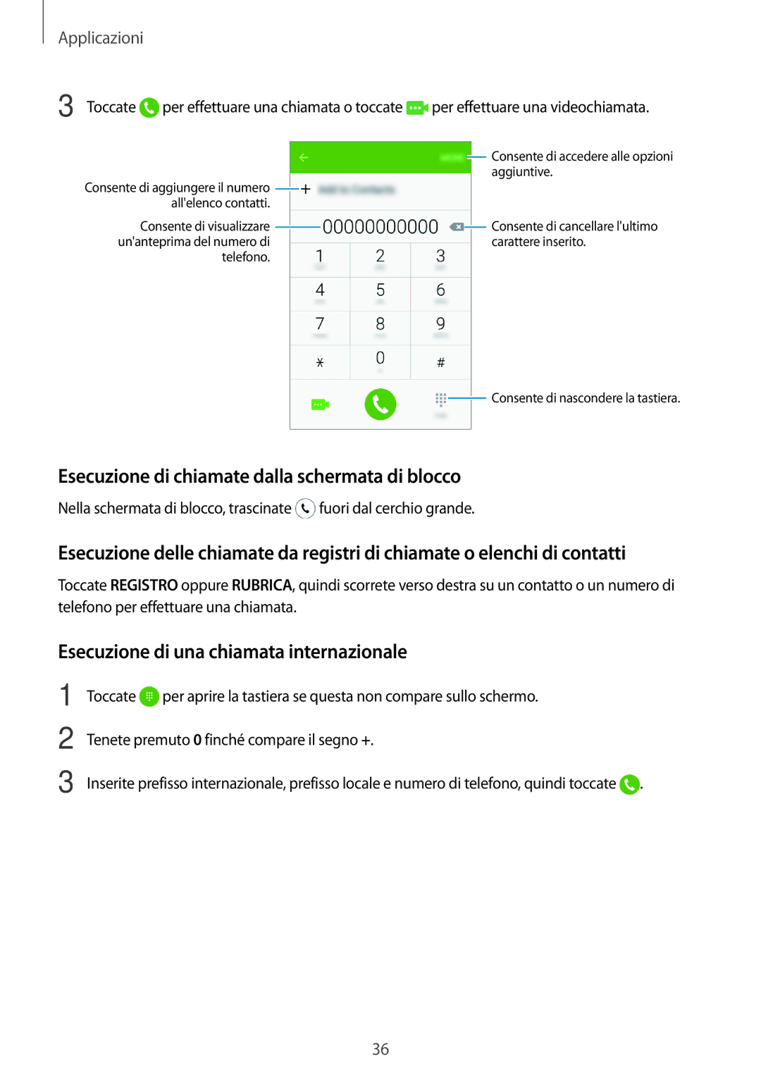 Samsung SM-J120FZKNITV manual Esecuzione di chiamate dalla schermata di blocco, Esecuzione di una chiamata internazionale 