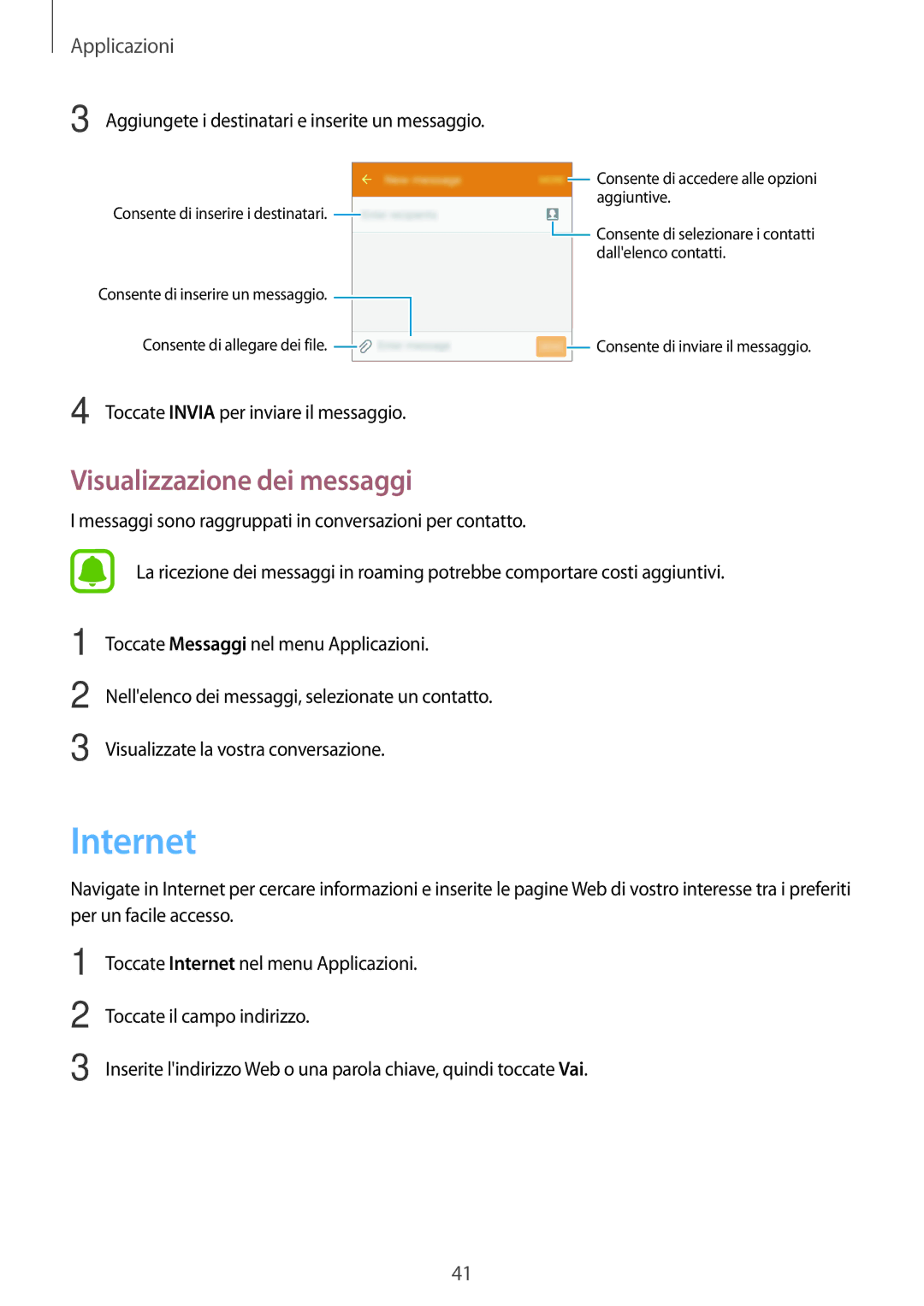 Samsung SM-J120FZWNITV, SM-J120FZKNITV, SM-J120FZDNITV manual Internet, Visualizzazione dei messaggi 