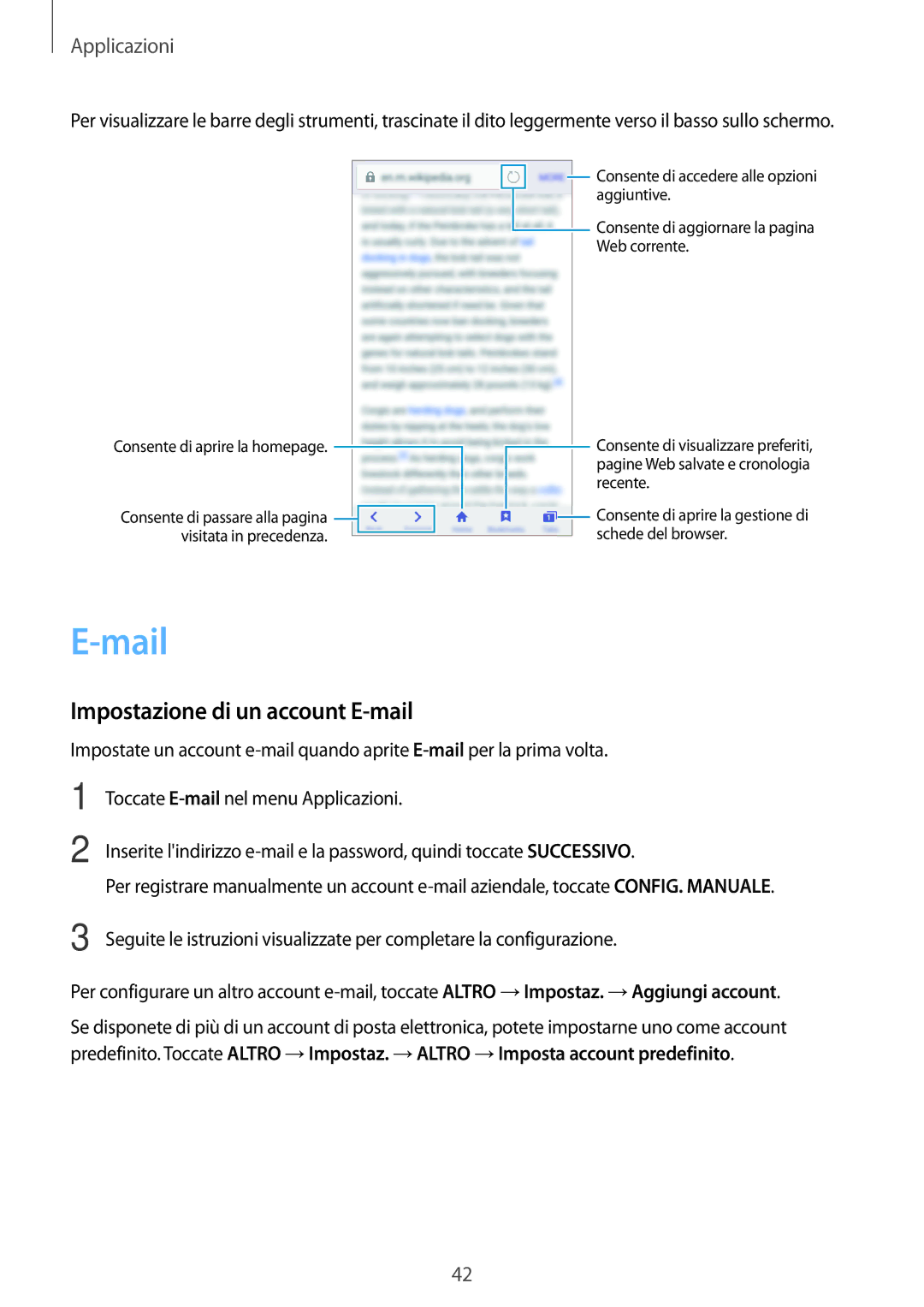 Samsung SM-J120FZKNITV, SM-J120FZDNITV, SM-J120FZWNITV manual Mail, Impostazione di un account E-mail 