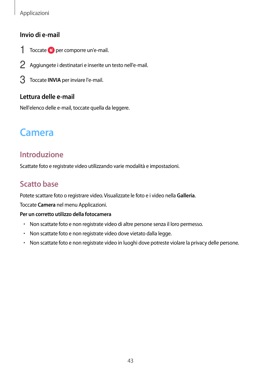 Samsung SM-J120FZDNITV, SM-J120FZKNITV, SM-J120FZWNITV manual Camera, Scatto base, Invio di e-mail, Lettura delle e-mail 