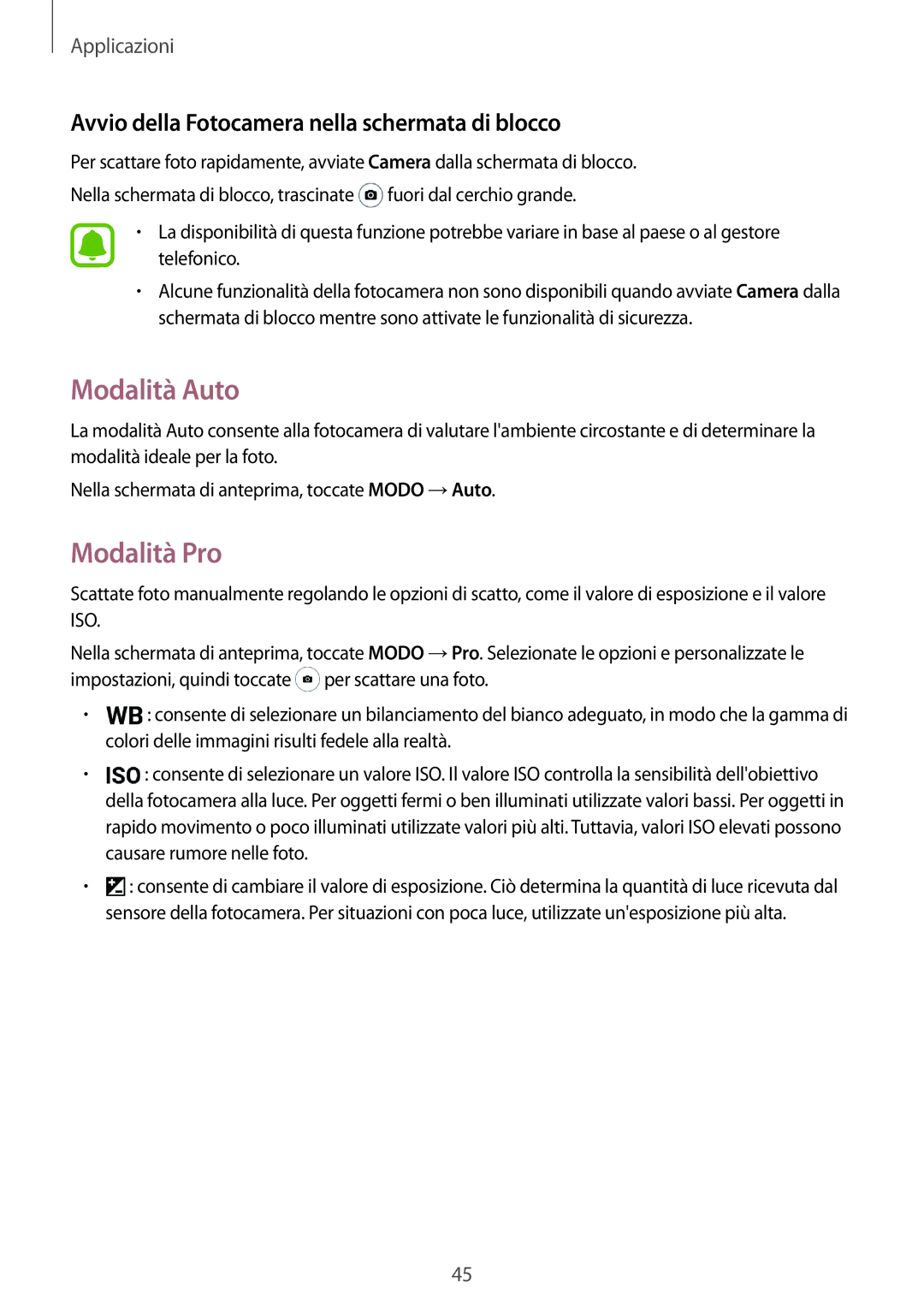 Samsung SM-J120FZKNITV, SM-J120FZDNITV manual Modalità Auto, Modalità Pro, Avvio della Fotocamera nella schermata di blocco 