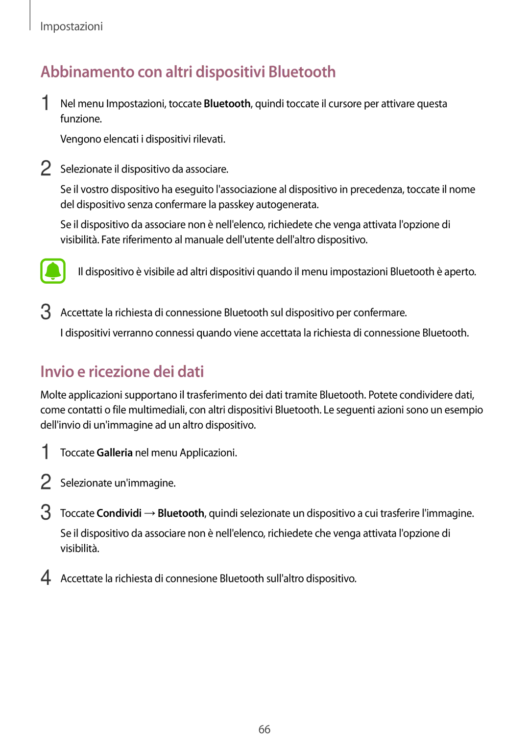 Samsung SM-J120FZKNITV, SM-J120FZDNITV manual Abbinamento con altri dispositivi Bluetooth, Invio e ricezione dei dati 