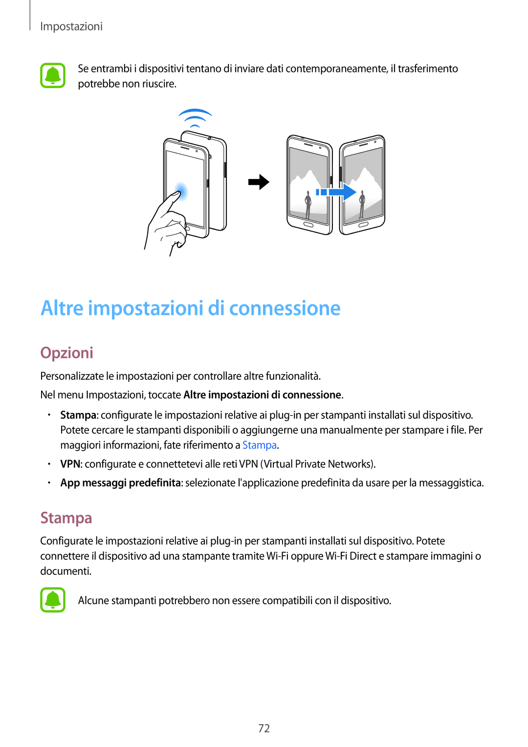 Samsung SM-J120FZKNITV, SM-J120FZDNITV, SM-J120FZWNITV manual Altre impostazioni di connessione, Opzioni, Stampa 