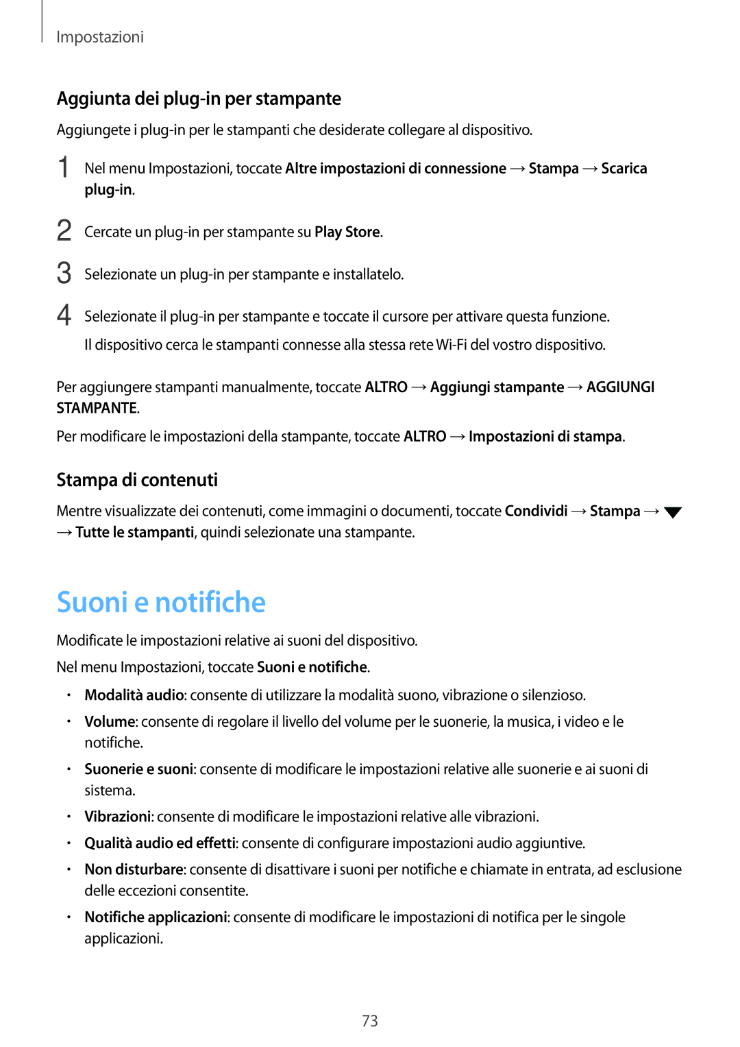 Samsung SM-J120FZDNITV, SM-J120FZKNITV manual Suoni e notifiche, Aggiunta dei plug-in per stampante, Stampa di contenuti 