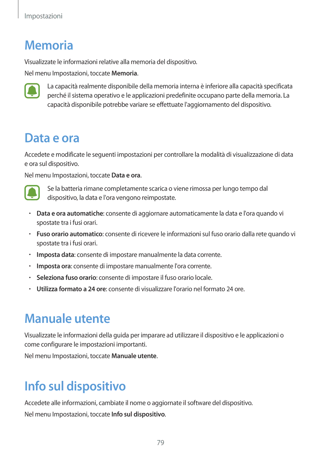 Samsung SM-J120FZDNITV, SM-J120FZKNITV, SM-J120FZWNITV manual Memoria, Data e ora, Manuale utente, Info sul dispositivo 