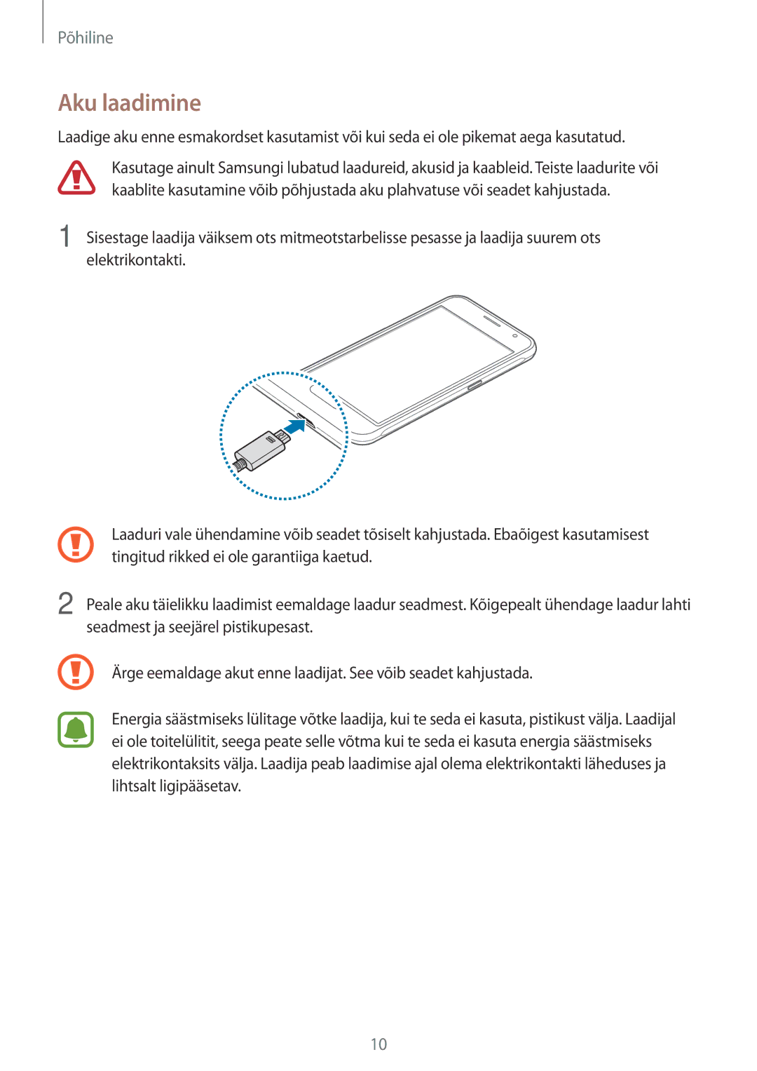 Samsung SM-J120FZKNSEB, SM-J120FZDNSEB manual Aku laadimine 