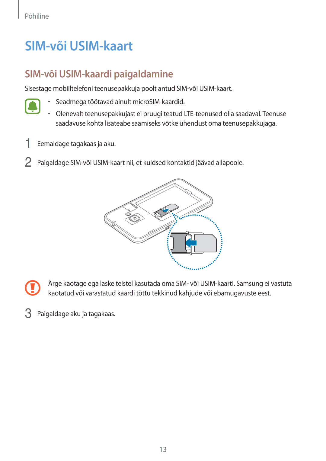 Samsung SM-J120FZDNSEB, SM-J120FZKNSEB manual SIM-või USIM-kaart, SIM-või USIM-kaardi paigaldamine 