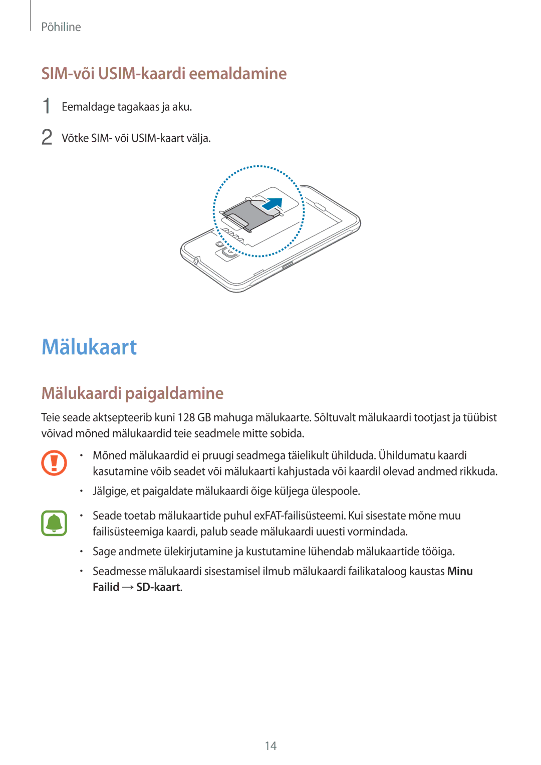 Samsung SM-J120FZKNSEB, SM-J120FZDNSEB manual Mälukaart, SIM-või USIM-kaardi eemaldamine, Mälukaardi paigaldamine 