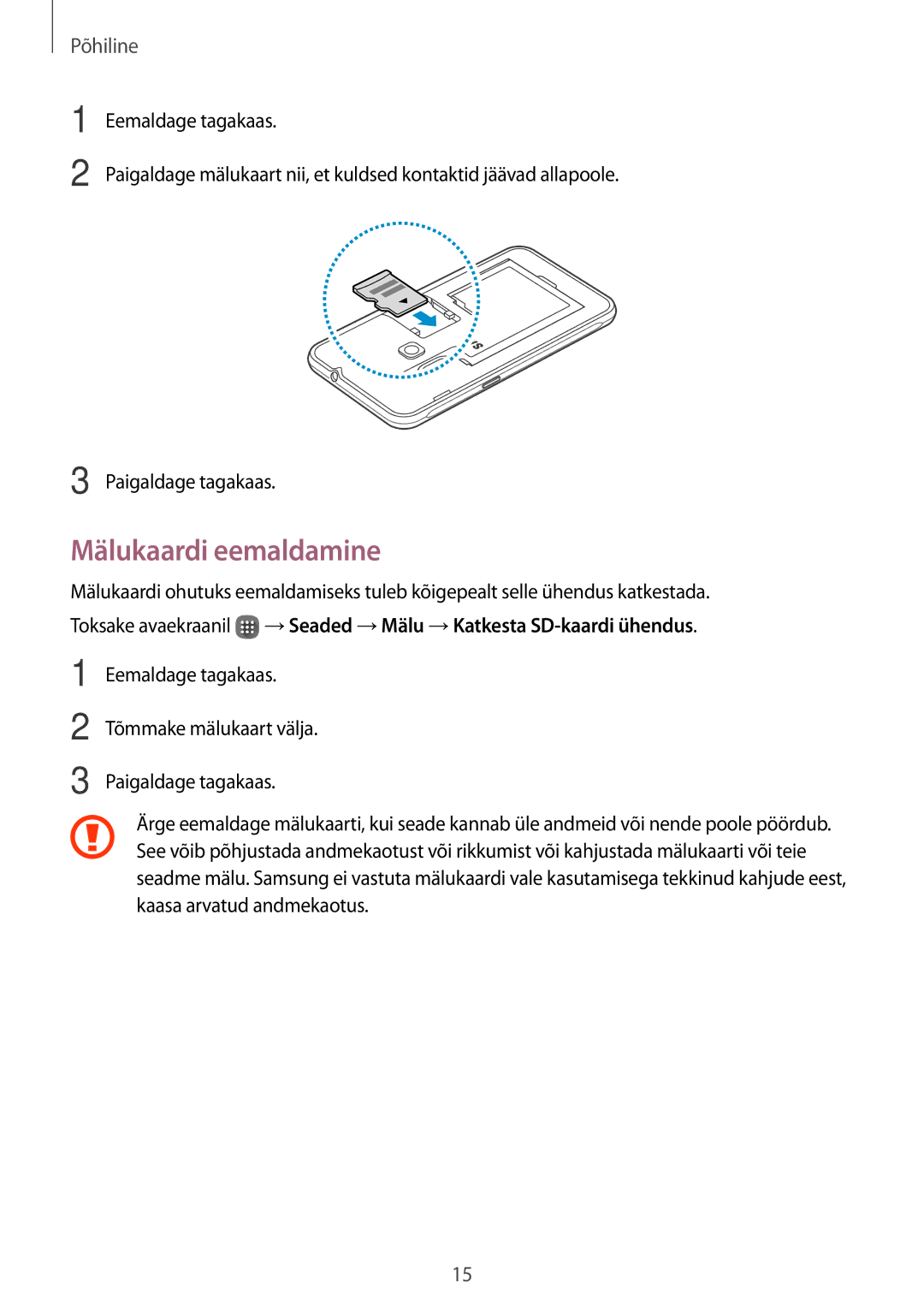 Samsung SM-J120FZDNSEB, SM-J120FZKNSEB manual Mälukaardi eemaldamine 