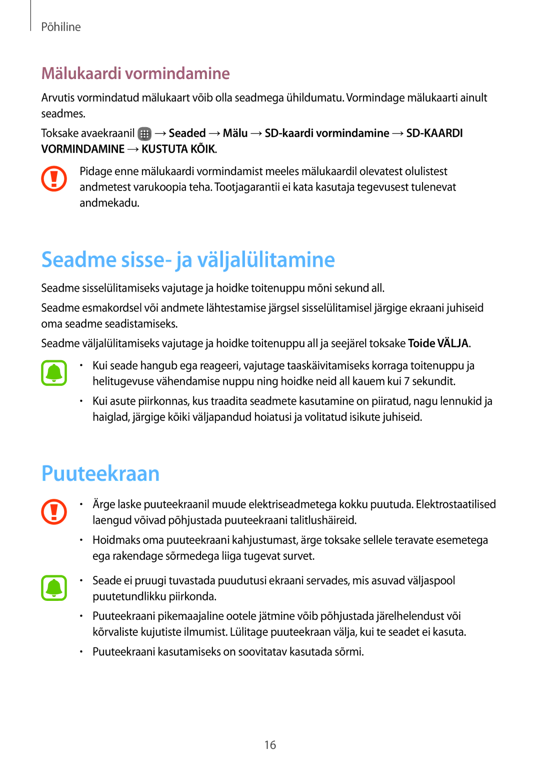 Samsung SM-J120FZKNSEB, SM-J120FZDNSEB manual Seadme sisse- ja väljalülitamine, Puuteekraan, Mälukaardi vormindamine 