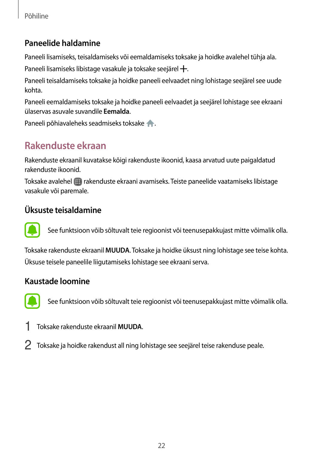 Samsung SM-J120FZKNSEB, SM-J120FZDNSEB manual Rakenduste ekraan, Paneelide haldamine, Üksuste teisaldamine 