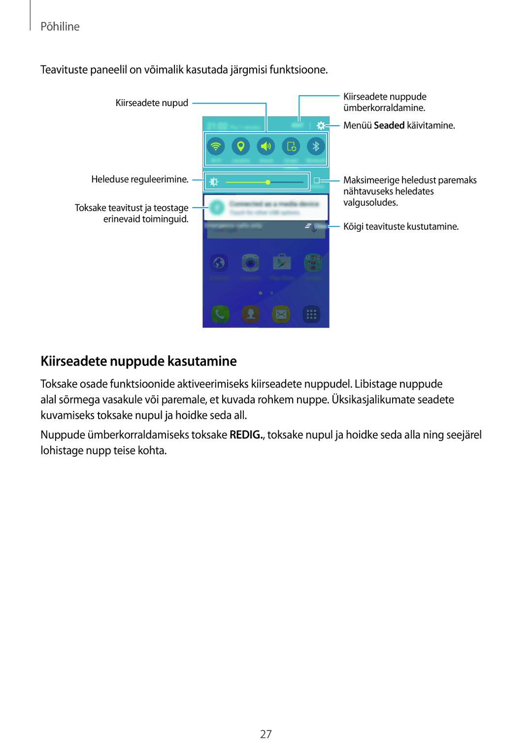 Samsung SM-J120FZDNSEB, SM-J120FZKNSEB manual Kiirseadete nuppude kasutamine 