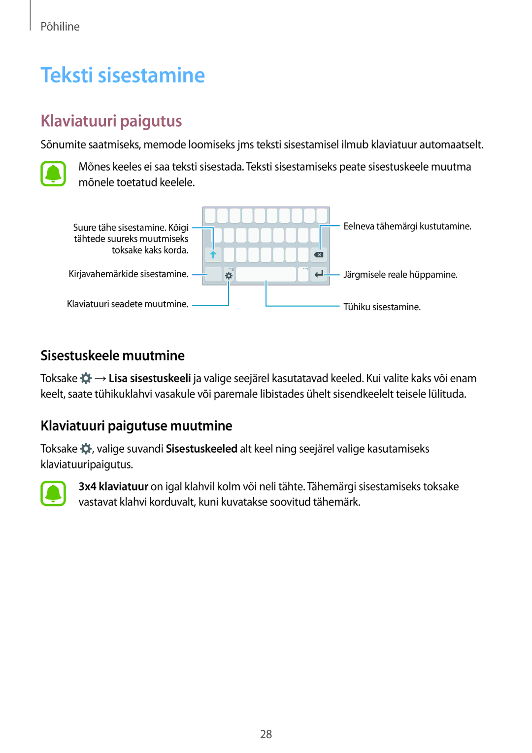 Samsung SM-J120FZKNSEB, SM-J120FZDNSEB manual Teksti sisestamine, Sisestuskeele muutmine, Klaviatuuri paigutuse muutmine 