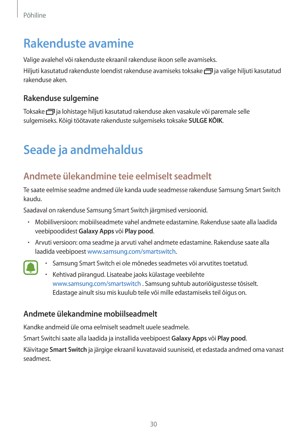 Samsung SM-J120FZKNSEB manual Rakenduste avamine, Seade ja andmehaldus, Andmete ülekandmine teie eelmiselt seadmelt 