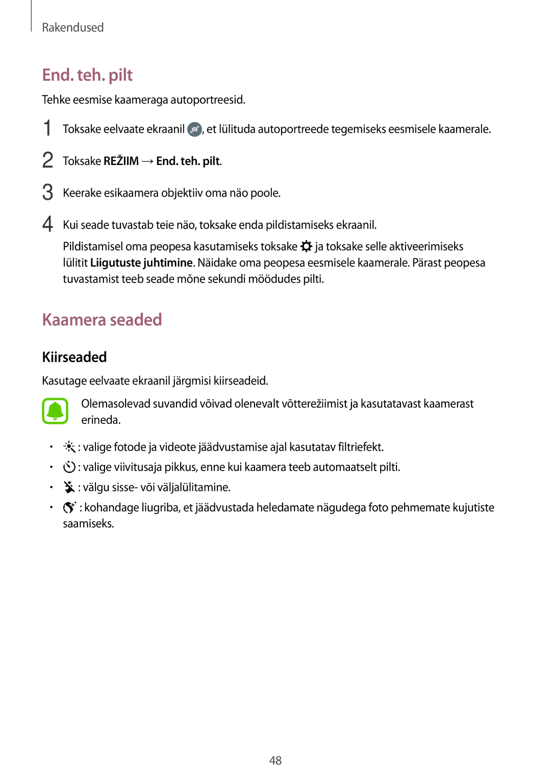 Samsung SM-J120FZKNSEB, SM-J120FZDNSEB manual Kaamera seaded, Kiirseaded, Toksake Režiim →End. teh. pilt 