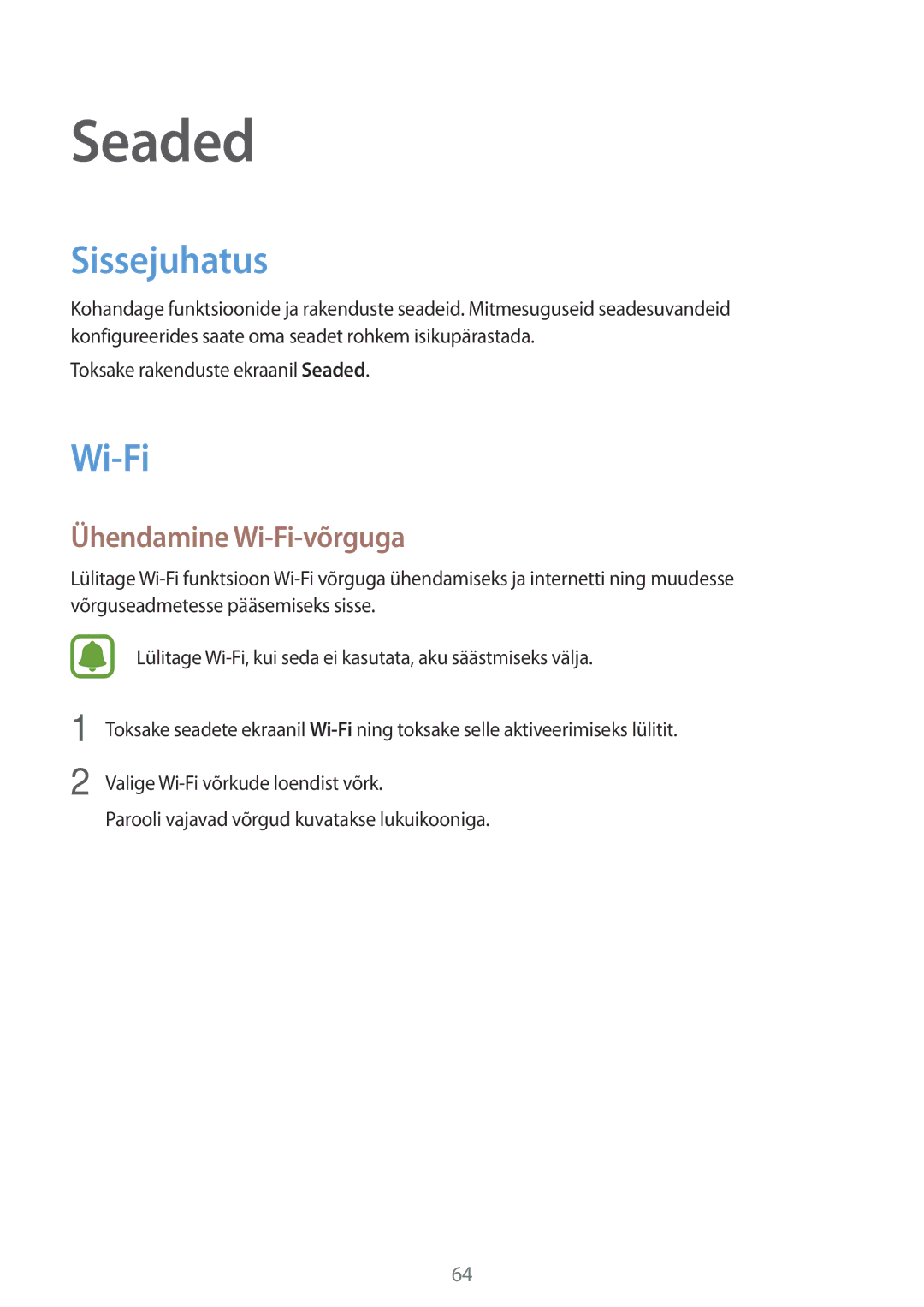 Samsung SM-J120FZKNSEB, SM-J120FZDNSEB manual Sissejuhatus, Ühendamine Wi-Fi-võrguga 