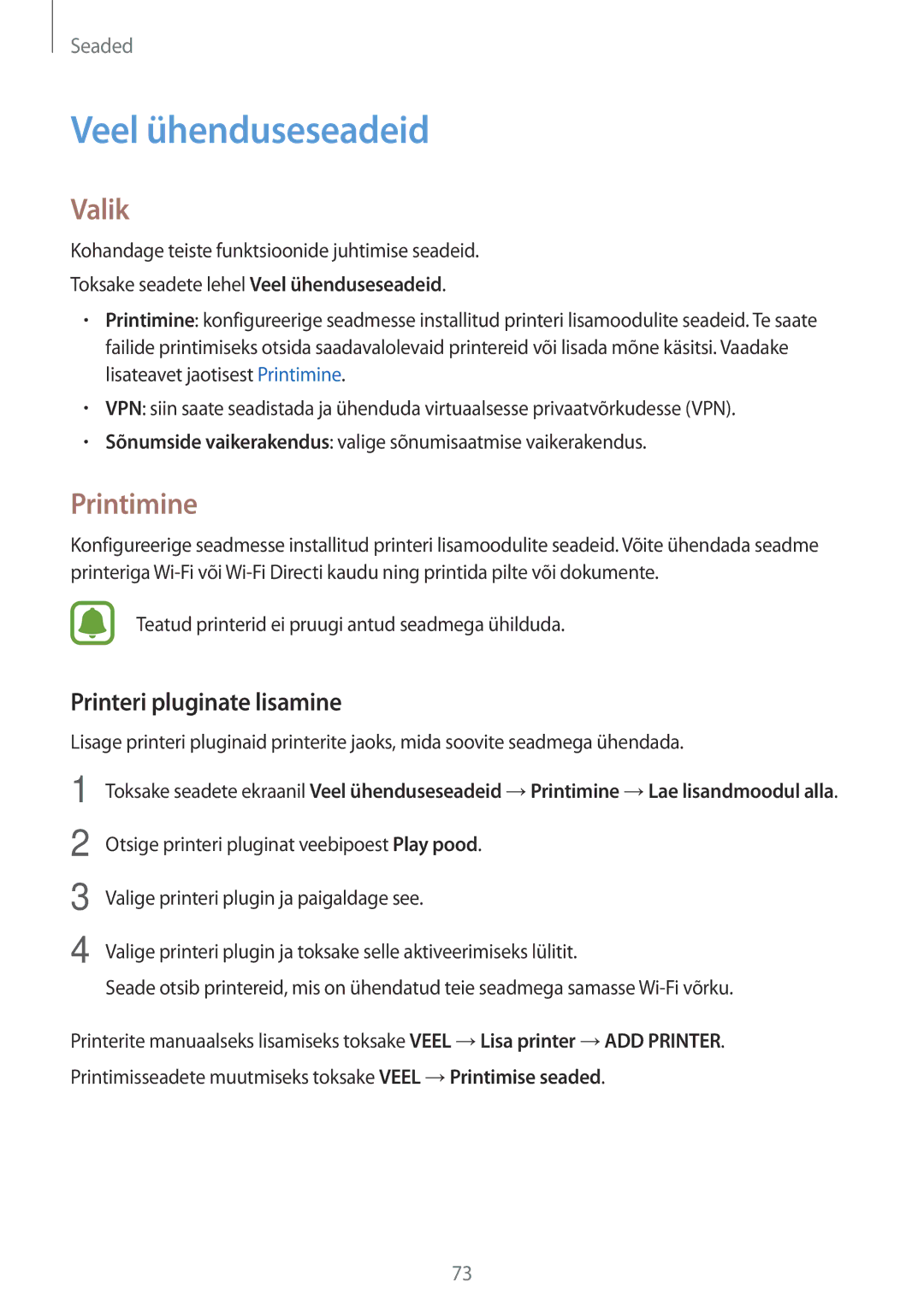 Samsung SM-J120FZDNSEB, SM-J120FZKNSEB manual Veel ühenduseseadeid, Valik, Printimine, Printeri pluginate lisamine 