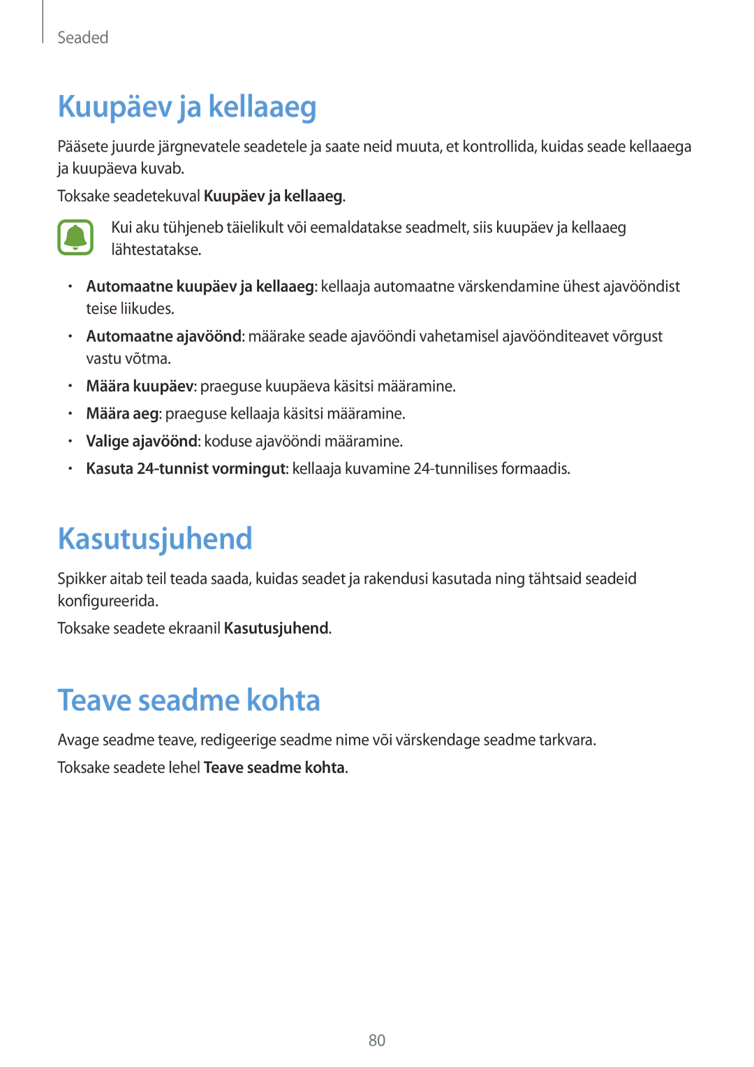 Samsung SM-J120FZKNSEB, SM-J120FZDNSEB manual Kuupäev ja kellaaeg, Kasutusjuhend, Teave seadme kohta 