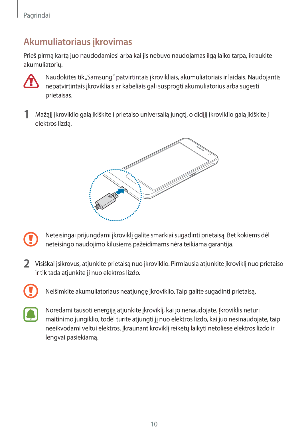 Samsung SM-J120FZKNSEB, SM-J120FZDNSEB manual Akumuliatoriaus įkrovimas 