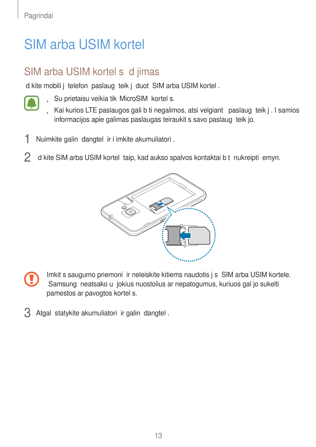 Samsung SM-J120FZDNSEB, SM-J120FZKNSEB manual SIM arba Usim kortelės įdėjimas 