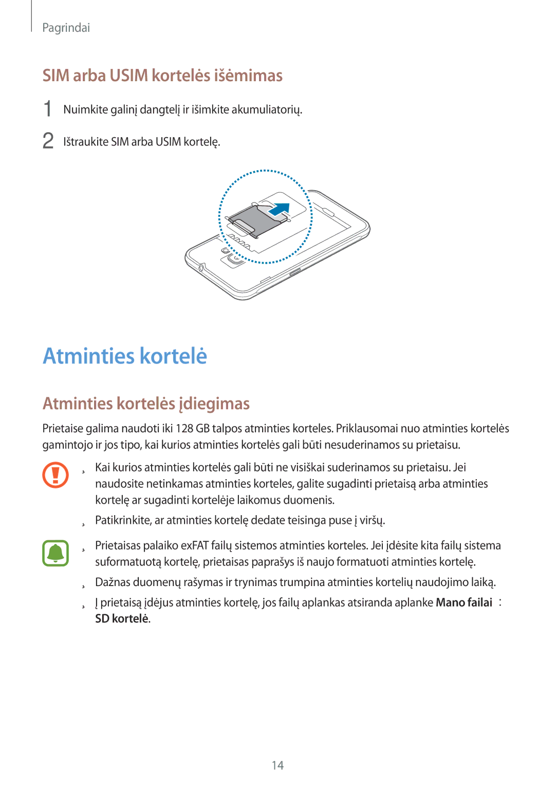 Samsung SM-J120FZKNSEB, SM-J120FZDNSEB manual SIM arba Usim kortelės išėmimas, Atminties kortelės įdiegimas 