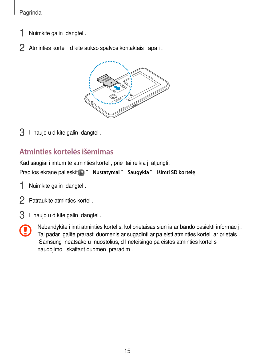 Samsung SM-J120FZDNSEB, SM-J120FZKNSEB manual Atminties kortelės išėmimas 