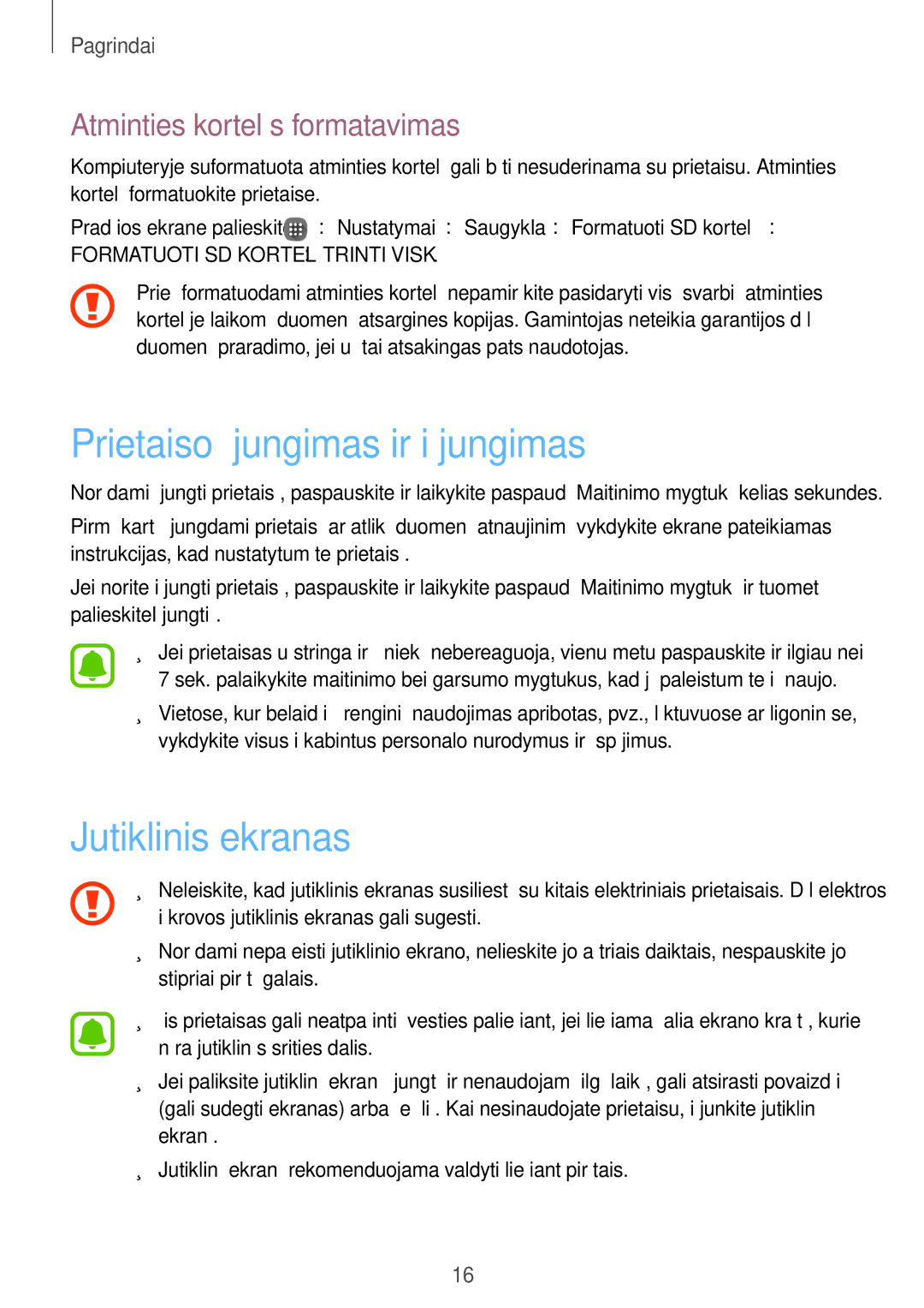 Samsung SM-J120FZKNSEB manual Prietaiso įjungimas ir išjungimas, Jutiklinis ekranas, Atminties kortelės formatavimas 