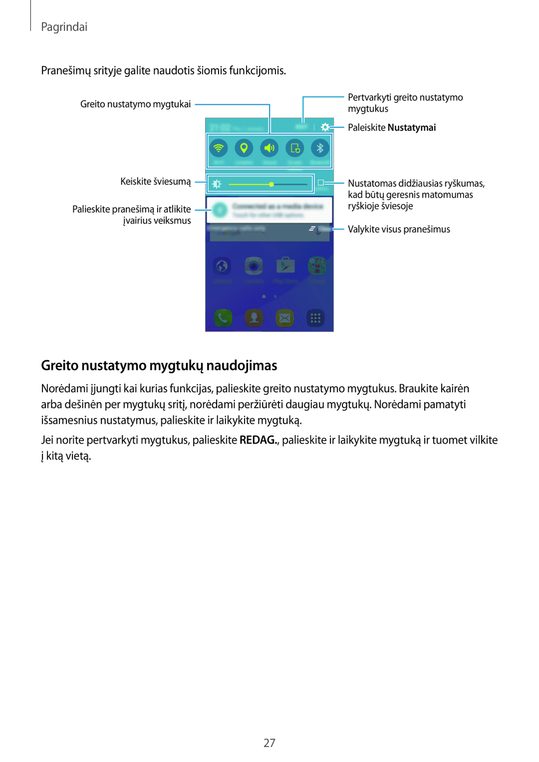 Samsung SM-J120FZDNSEB manual Greito nustatymo mygtukų naudojimas, Pranešimų srityje galite naudotis šiomis funkcijomis 