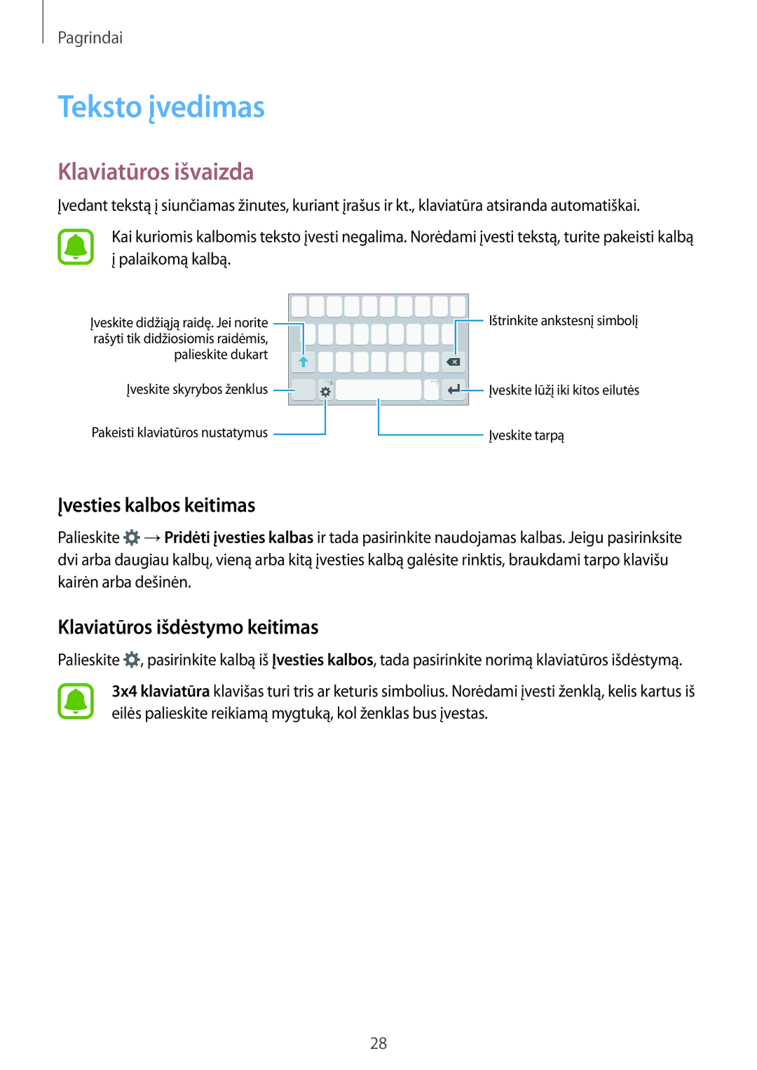 Samsung SM-J120FZKNSEB Teksto įvedimas, Klaviatūros išvaizda, Įvesties kalbos keitimas, Klaviatūros išdėstymo keitimas 