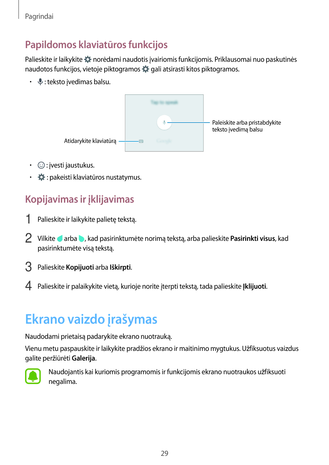 Samsung SM-J120FZDNSEB manual Ekrano vaizdo įrašymas, Papildomos klaviatūros funkcijos, Kopijavimas ir įklijavimas 