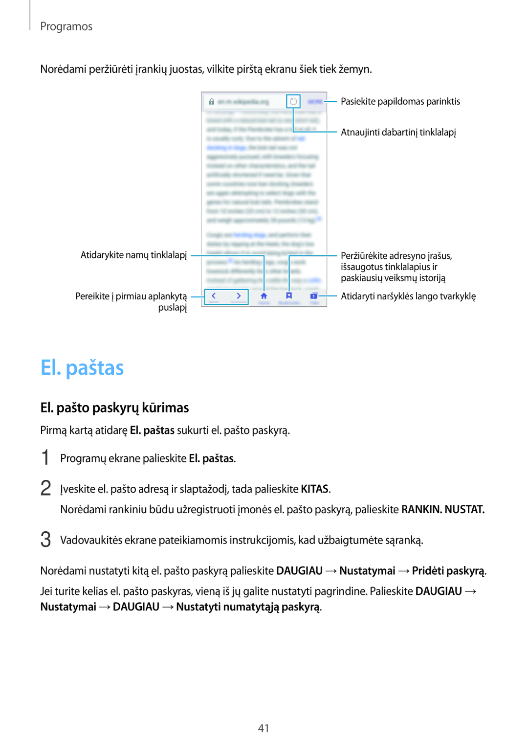 Samsung SM-J120FZDNSEB, SM-J120FZKNSEB manual El. paštas, El. pašto paskyrų kūrimas 