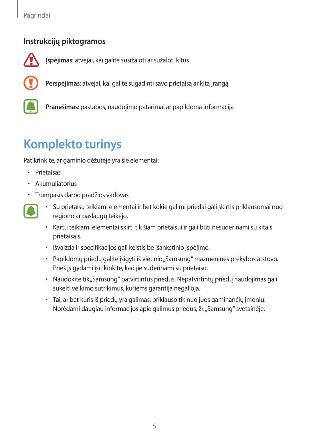 Samsung SM-J120FZDNSEB, SM-J120FZKNSEB manual Komplekto turinys, Instrukcijų piktogramos 