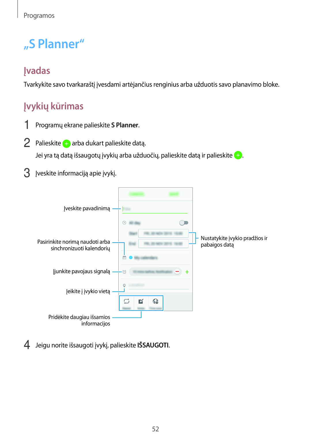 Samsung SM-J120FZKNSEB, SM-J120FZDNSEB manual „S Planner, Įvykių kūrimas 