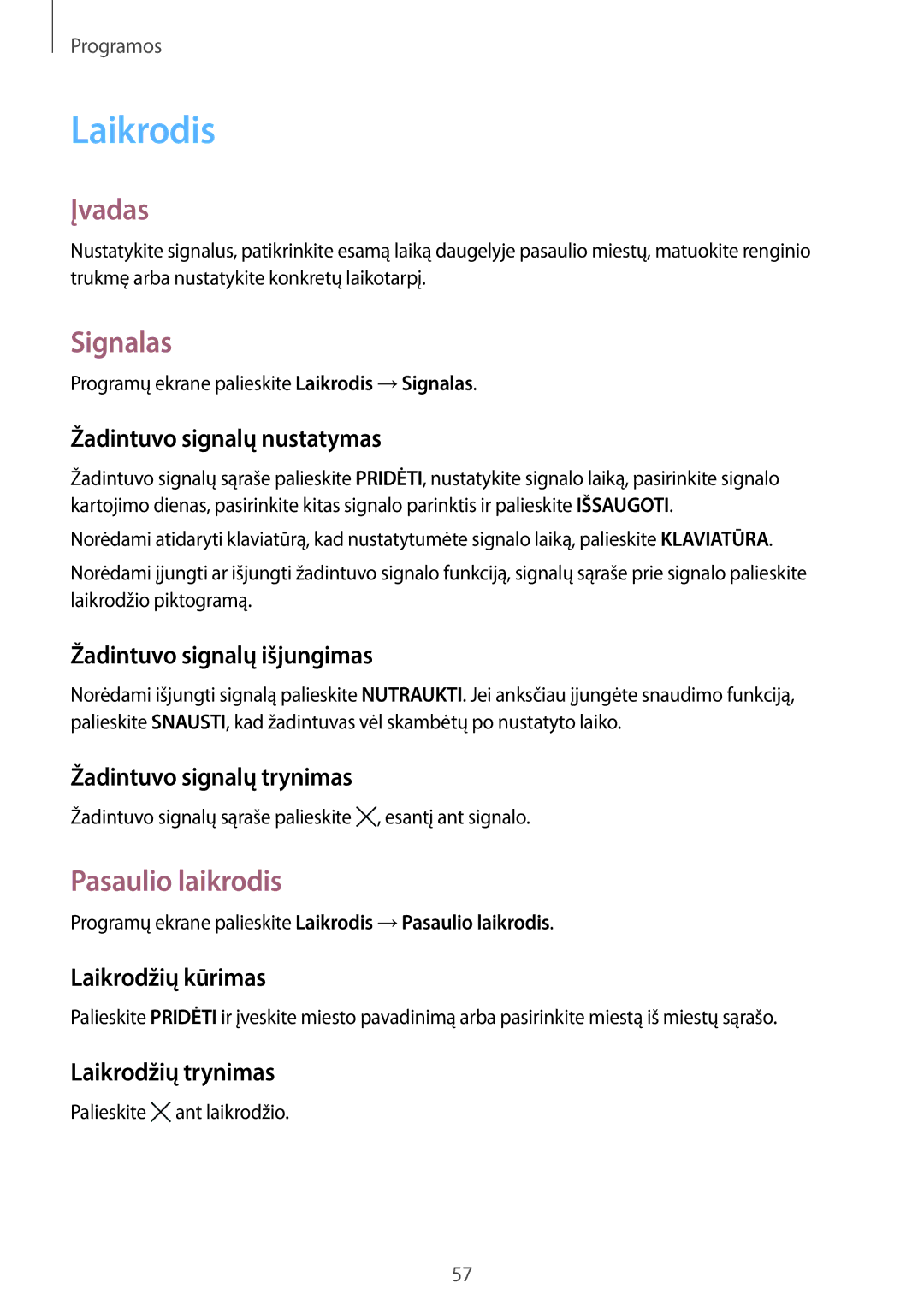 Samsung SM-J120FZDNSEB, SM-J120FZKNSEB manual Laikrodis, Signalas, Pasaulio laikrodis 