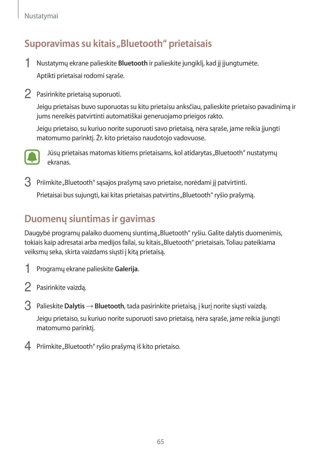 Samsung SM-J120FZDNSEB, SM-J120FZKNSEB manual Suporavimas su kitais„Bluetooth prietaisais, Duomenų siuntimas ir gavimas 