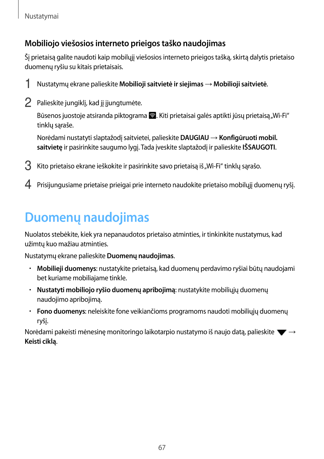 Samsung SM-J120FZDNSEB, SM-J120FZKNSEB manual Duomenų naudojimas, Mobiliojo viešosios interneto prieigos taško naudojimas 