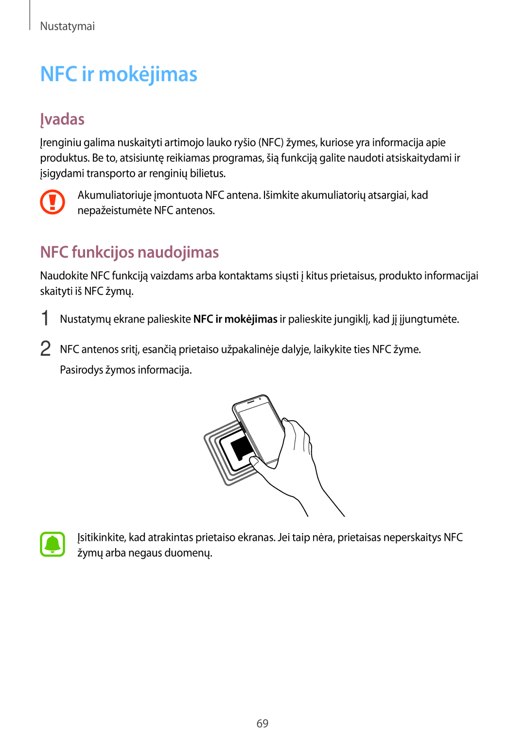 Samsung SM-J120FZDNSEB, SM-J120FZKNSEB manual NFC ir mokėjimas, NFC funkcijos naudojimas 