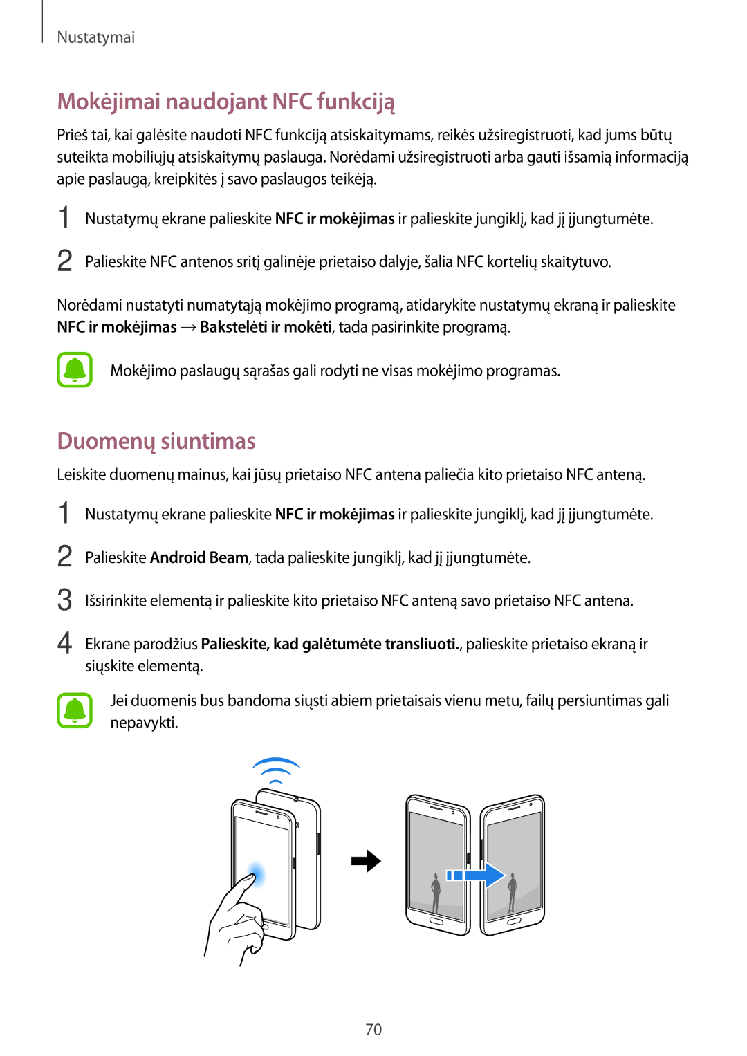 Samsung SM-J120FZKNSEB, SM-J120FZDNSEB manual Mokėjimai naudojant NFC funkciją, Duomenų siuntimas 