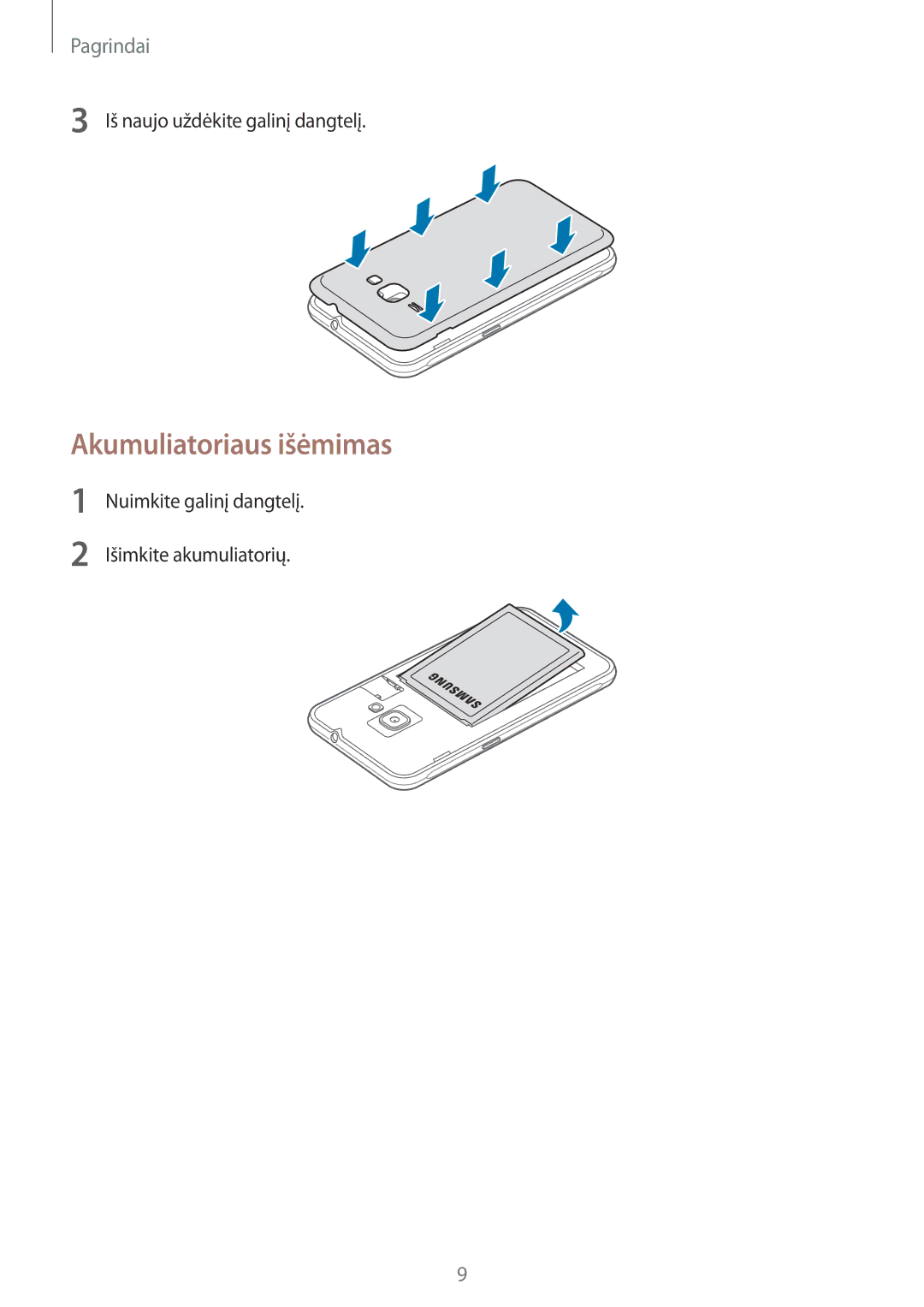 Samsung SM-J120FZDNSEB, SM-J120FZKNSEB manual Akumuliatoriaus išėmimas 