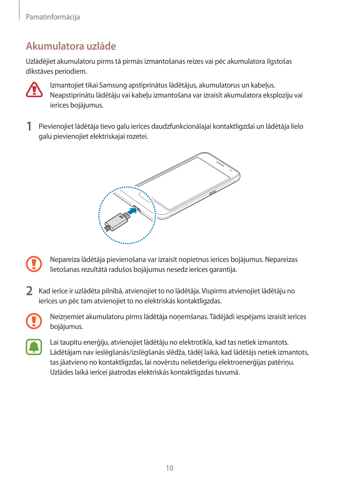 Samsung SM-J120FZKNSEB, SM-J120FZDNSEB manual Akumulatora uzlāde 