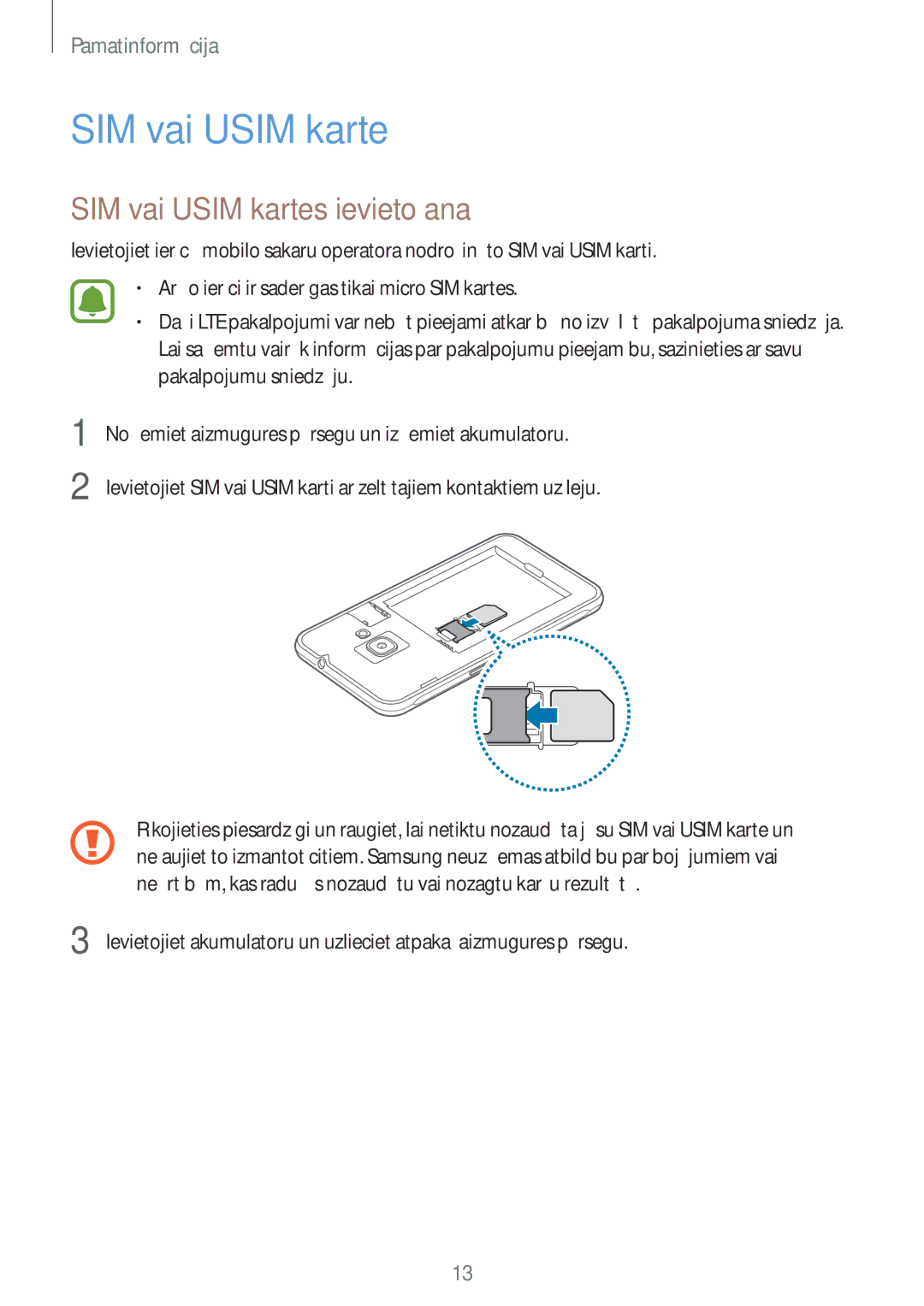 Samsung SM-J120FZDNSEB, SM-J120FZKNSEB manual SIM vai Usim kartes ievietošana 