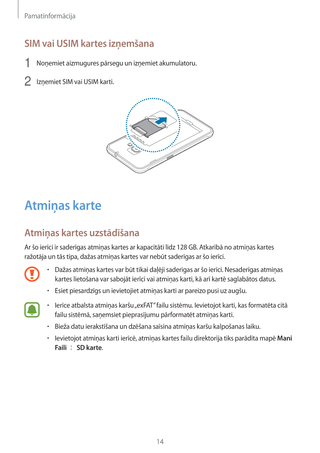 Samsung SM-J120FZKNSEB, SM-J120FZDNSEB manual SIM vai Usim kartes izņemšana, Atmiņas kartes uzstādīšana 