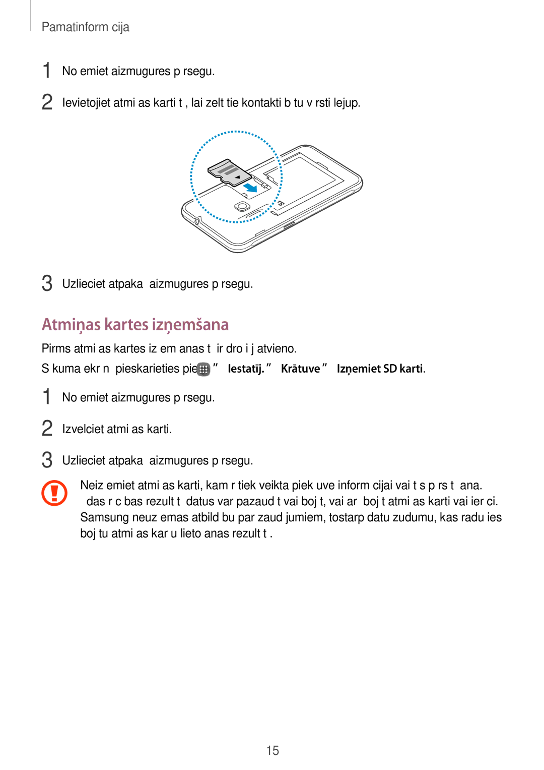 Samsung SM-J120FZDNSEB, SM-J120FZKNSEB manual Atmiņas kartes izņemšana 