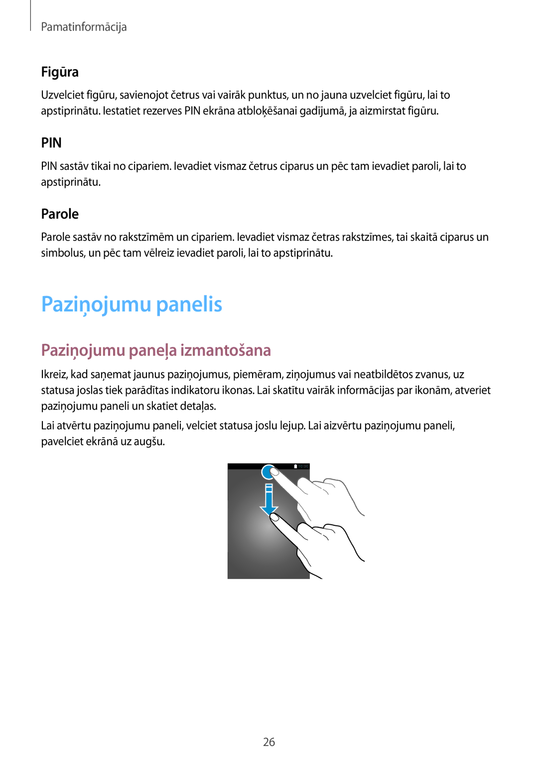 Samsung SM-J120FZKNSEB, SM-J120FZDNSEB manual Paziņojumu panelis, Paziņojumu paneļa izmantošana, Figūra, Parole 